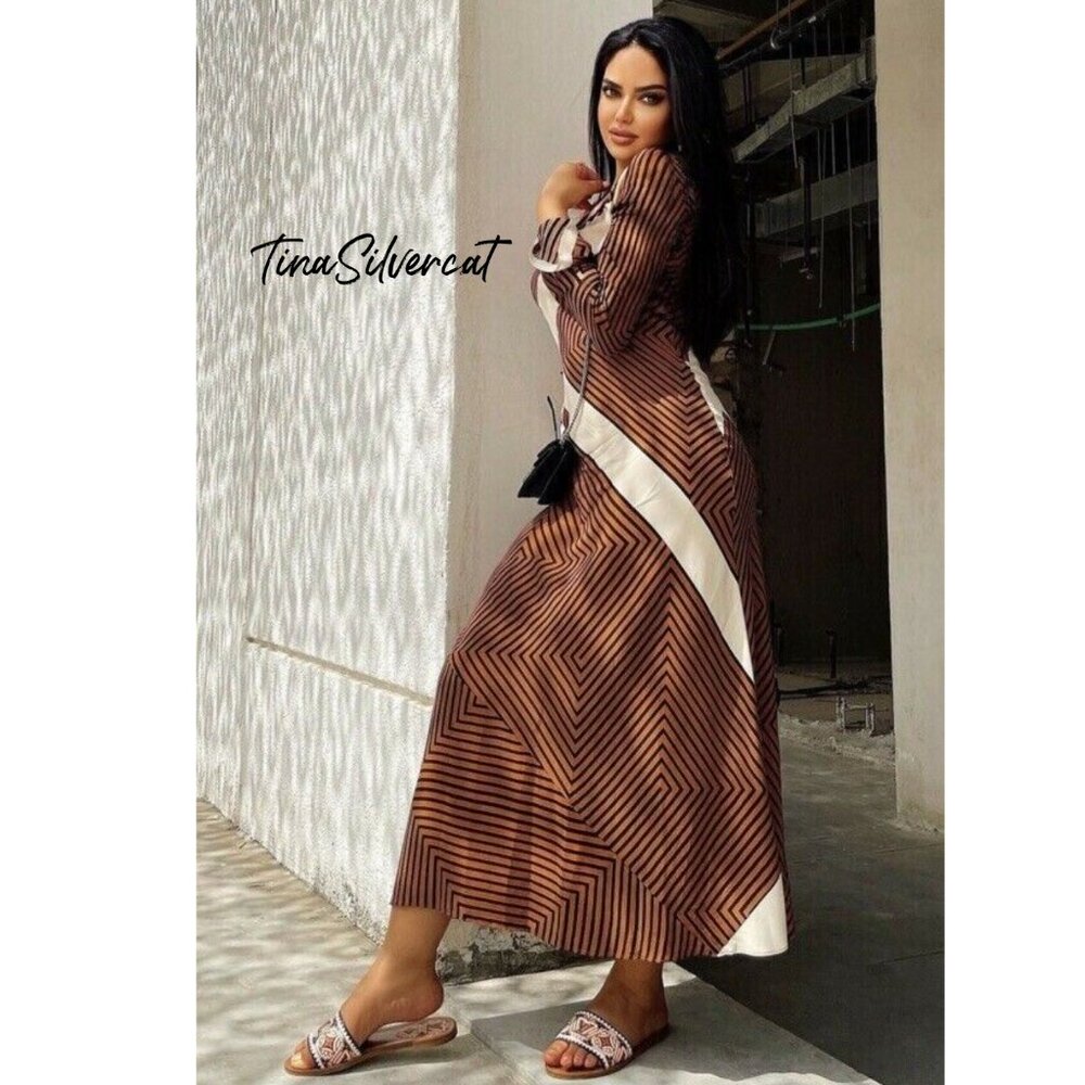 BLOGGER'S FAVE! Zara Striped Midi Dress Brown Sz XS, Small NWT - Picture 8 of 16
